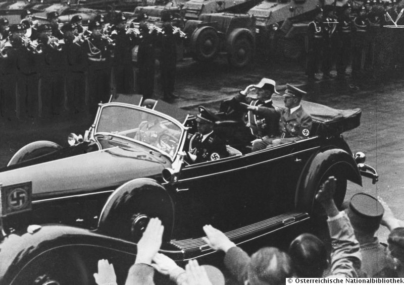 Adolf Hitler and Miklós Horthy on their way to the technical school and parade in Berlin